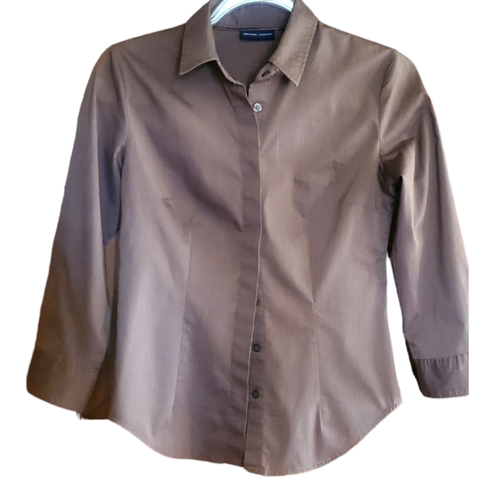 New York & Co Stretch Button Front 3/4 Sleeve Brown Shirt XS - Picture 3 of 6